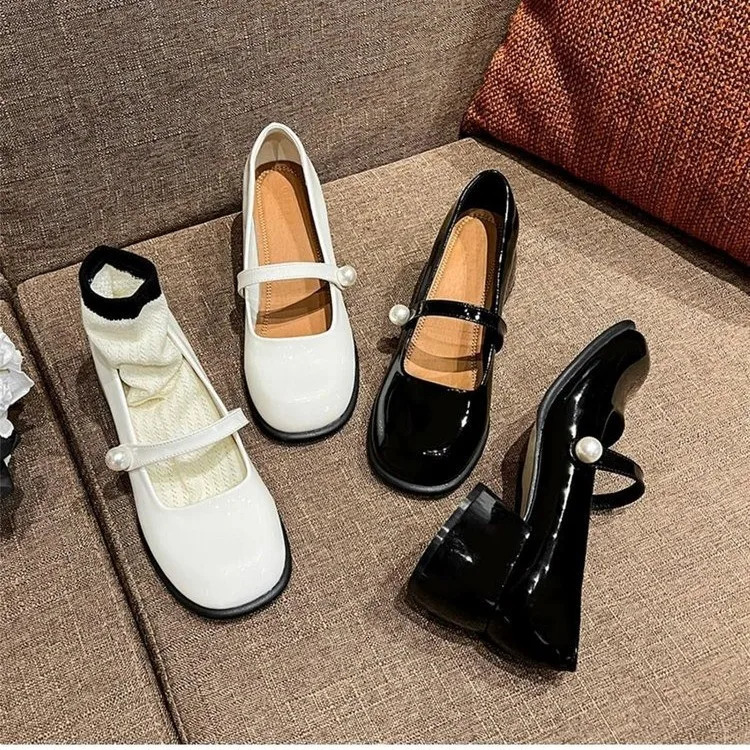 Spring Style Women Elegant Pearl Buckle Heel Pumps Square Toe Leather Fashion Mary Jane Shoes Mid-heel Shoe 240808