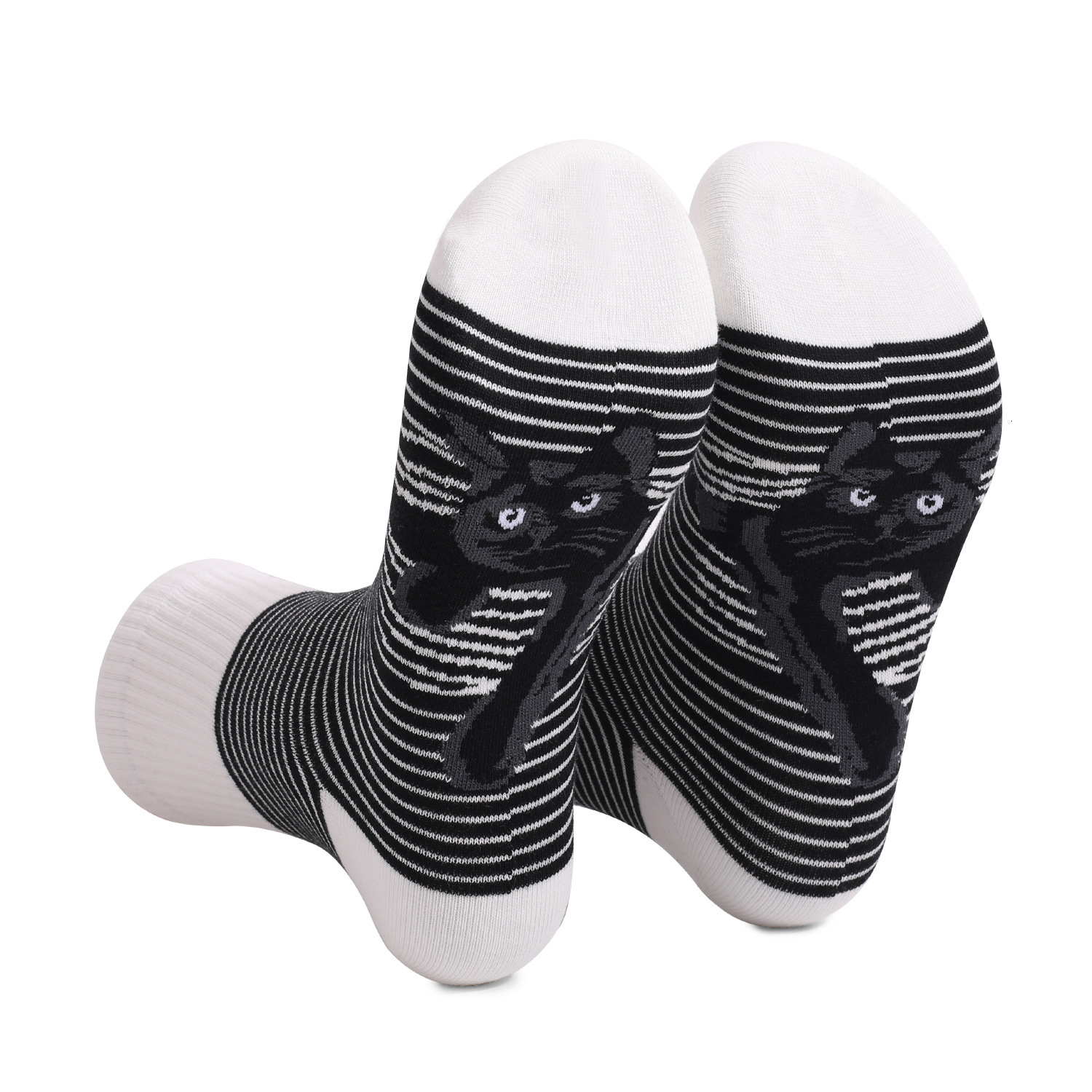 Men's new black white striped animal cat print plus size men's and women's mid tube socks dongdumaoyi