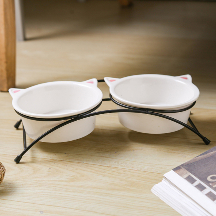 Cartoon ceramic Iron Stand Double Dog Dual Purpose Food Bowl Cervical Protection Pet water Heightening Cat bowl Household