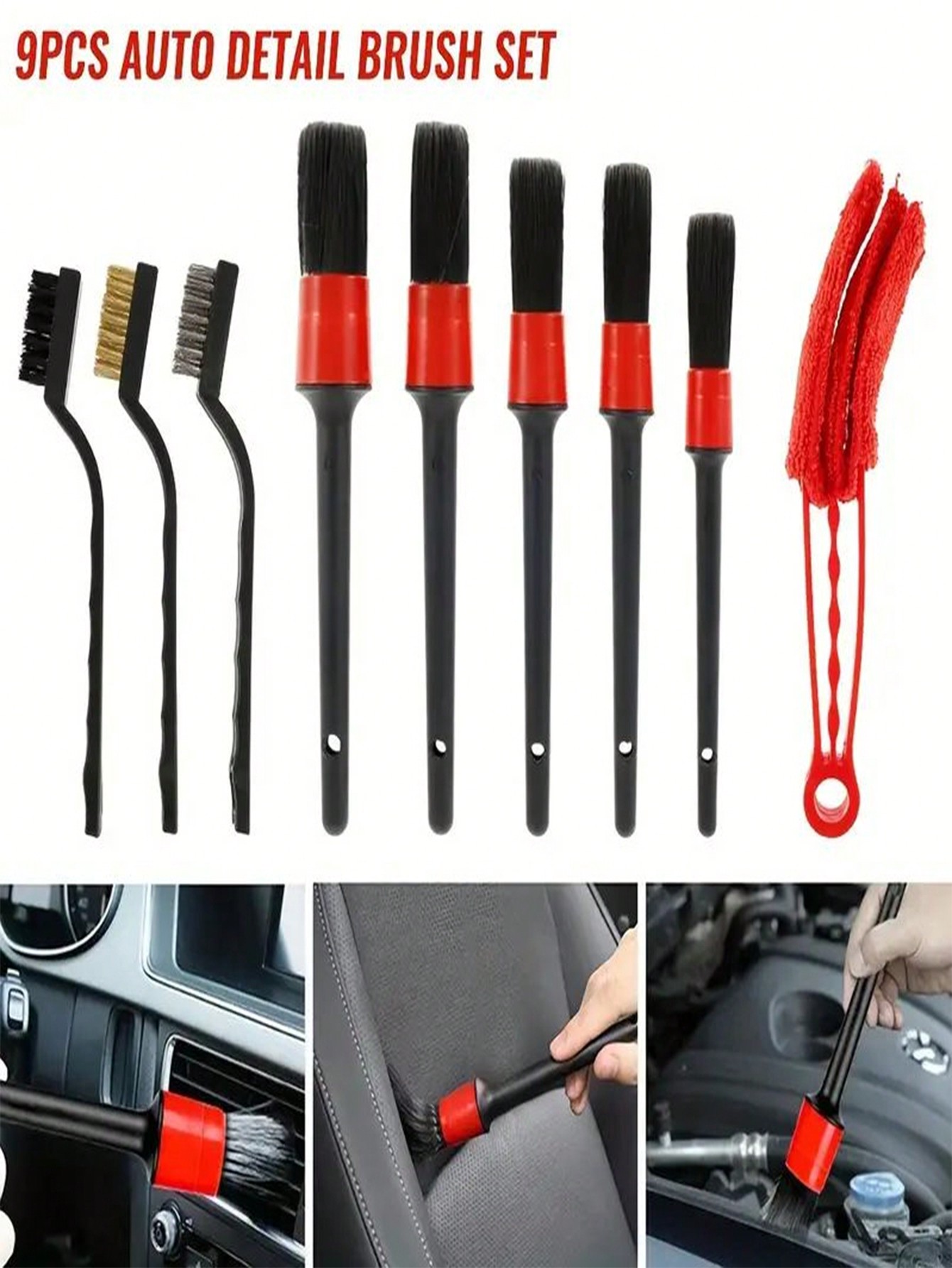 Car air conditioning outlet cleaning brush 9-piece set car interior cleaning tool fluff brush wire brush gap dust removal brush