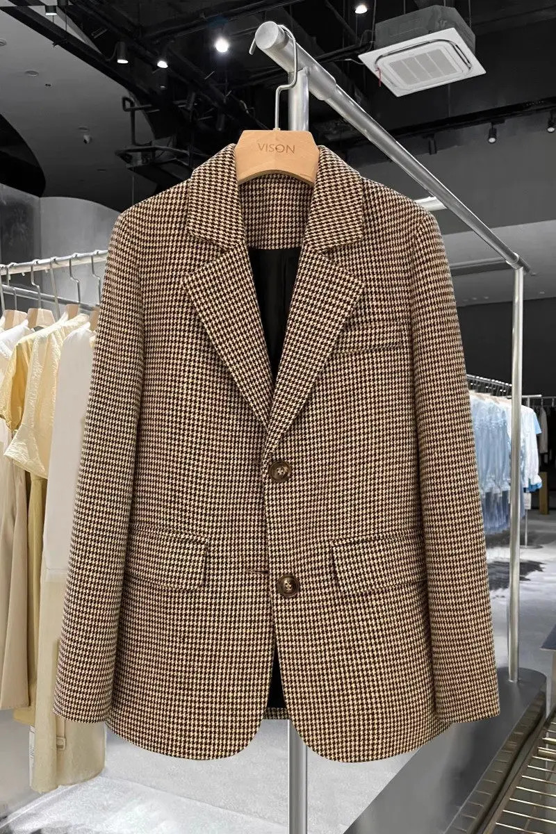 Retro Plaid Woolen Suit Coat For Womens Winter High Grade College Style Fashion Versatile Top Blazer Jacket Z3502 240808