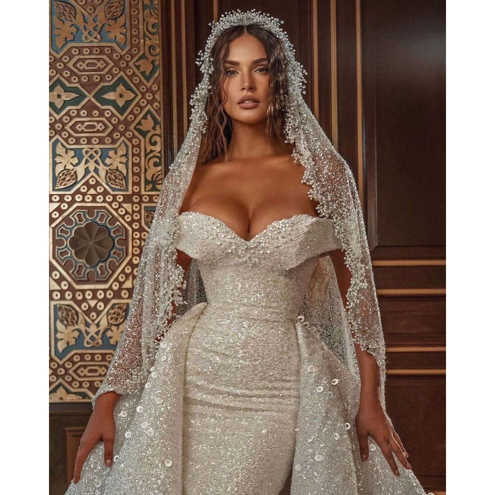 Crystal Gorgeous Sparkg Wedding Dress Strapless Detachable Train Off Shoulder Mermaid Bride Dresses Long Robe Mariage Es 0228Lz