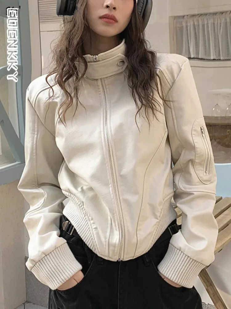 Stand up collar zipper womens Pu jacket loose casual motorcycle Jaquetas retro cut white leather autumn 2023 Coats 240807