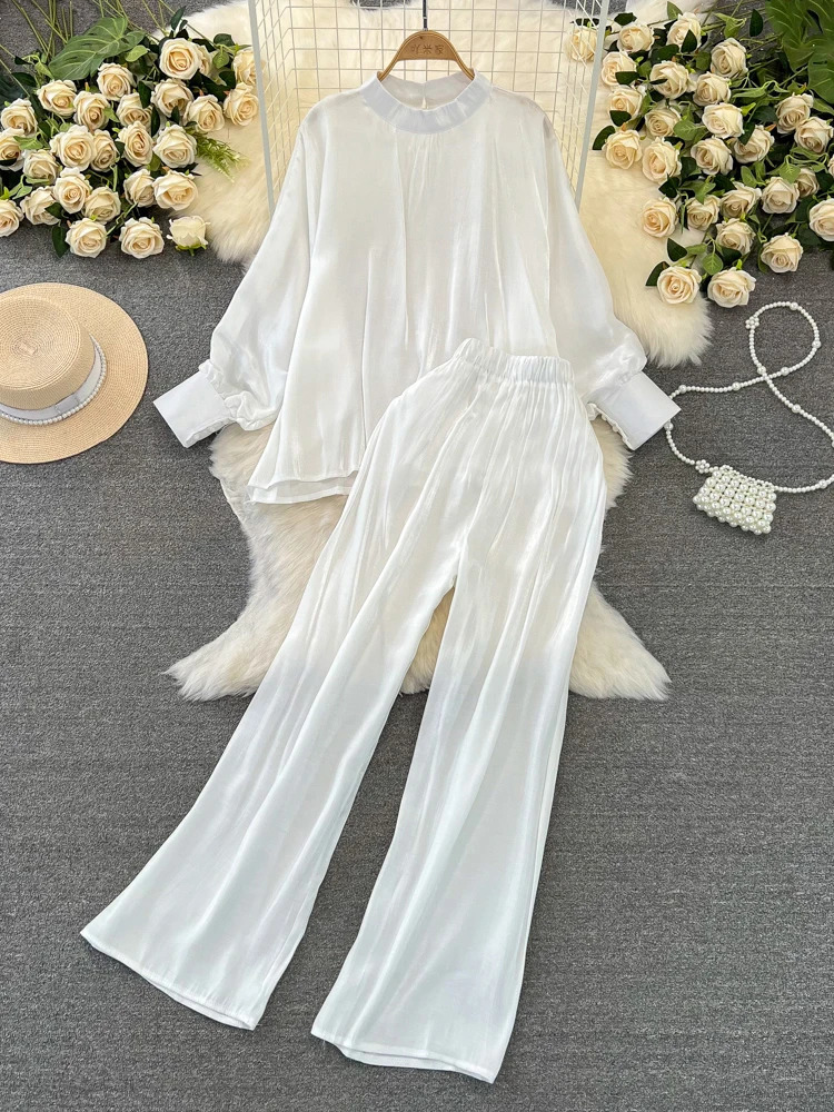 XFPV Women Loose Stand Collar Lantern Sleeve Solid Color Korean Version Coat Wide Leg Pants Two Piece Set Autumn 2024 SM9811 240813