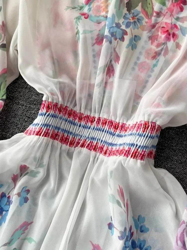 Fashion Summer Holiday Floral Chiffon Ruffles Dress Women Sexy See Through Deep V Neck Long Sleeve Floral Robe Boho Vestido 240808