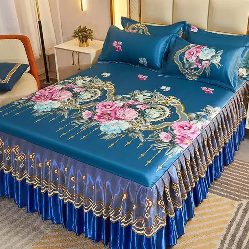 3Pcs/Lot Double Bed Sheet Set Classic Lace Royal Blue Bed Sheet Bed Skirt Machine Washable Wedding Bedspread Mattress Cover 240807