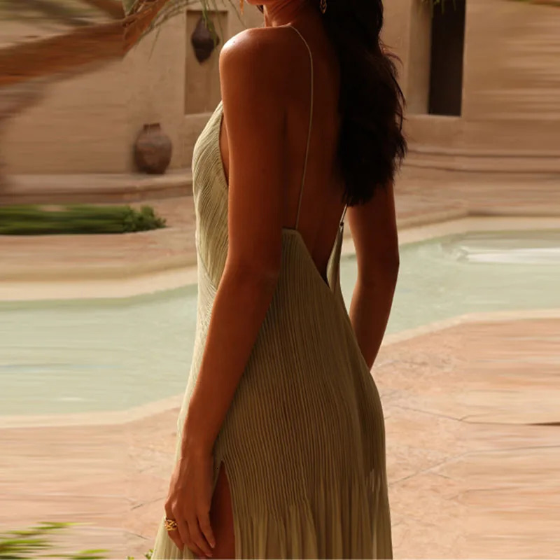 Simple Sexy Deep V Neck Pleated Evening Dress Women Spring Solid Rib Side Split Long Dress Summer Backless Sling Maxi Dress 240808
