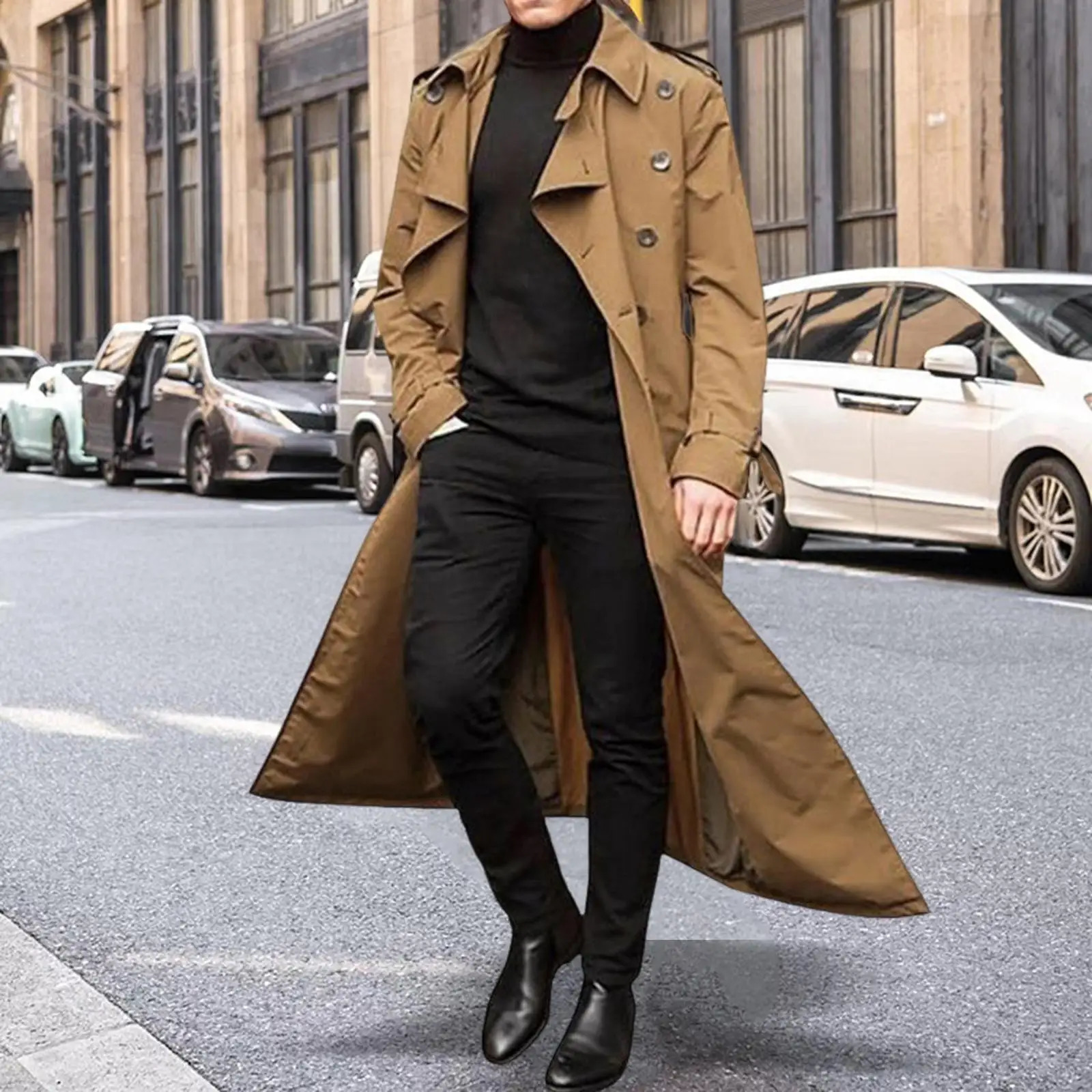 Formal mens windbreaker long jacket double chest warm and slim fit with pockets windproof suitable for dates workdays 240812