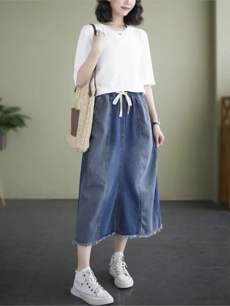 Denim High Waist Oversized Striped Print Patchwork Skirt Women A-Line Ruffle Pleated Loose Ladies Skirts Modis Woman Midi Skirts 240808
