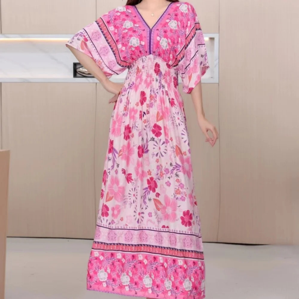 V-neck Large Skirt Hem Casual Sweet Holiday Long Dress Bat Sleeves Elastic Waist Bohemian Print Floral Elegant Dresse For Women 240808