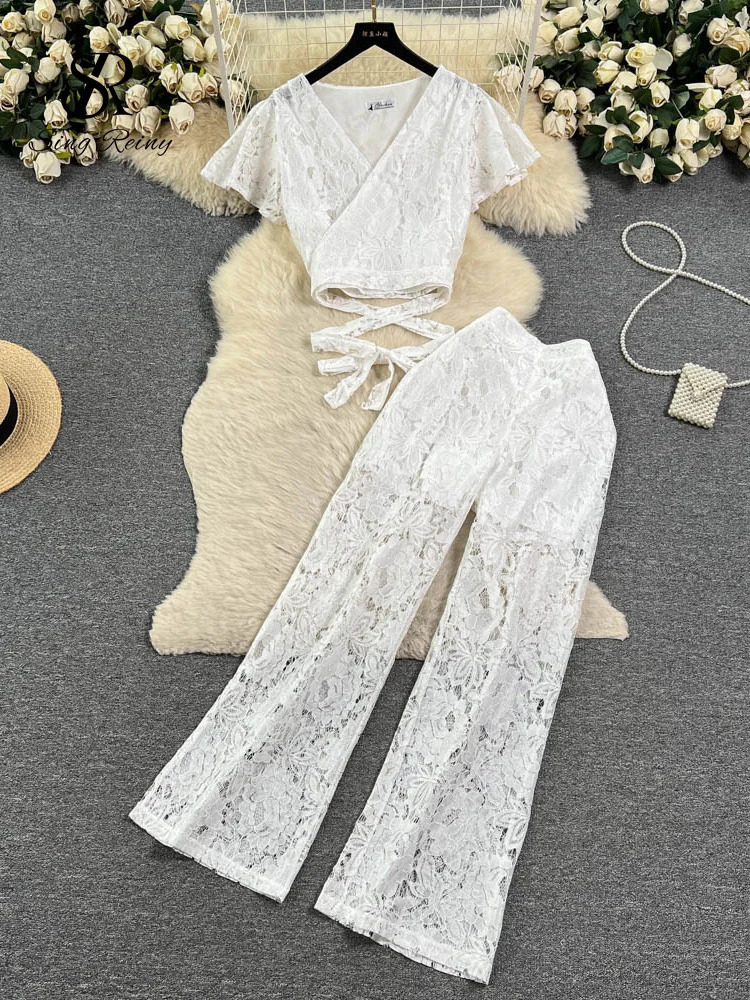 SINGREINY High Street Women Lace Slim Two Pieces Suits Summer Lace Up Short TopWide Legs Long Pants Set Retro Lace Floral Sets 240813