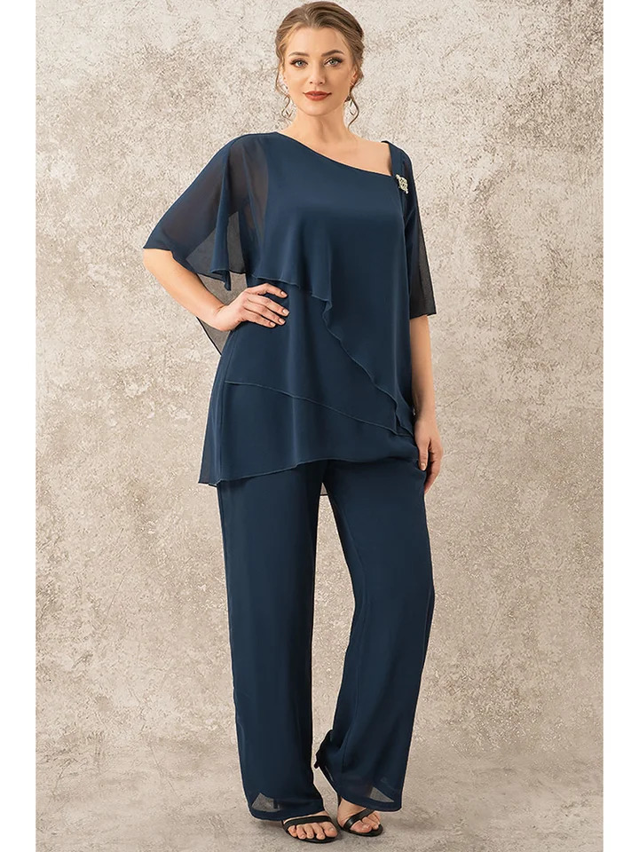 Women Pant Matching Set Plus Size Mother Of The Bride Decorative Button Single Cape Asymmetrical Hem Chiffon Two Piece Pant Suit 240813