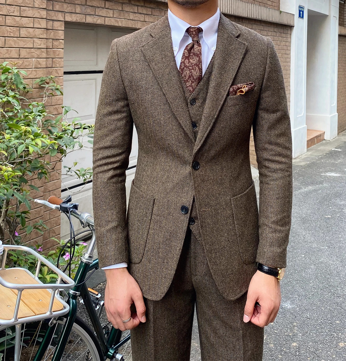 Herringbone Tweed Men's 3-Piece Business Slim Fit Suits For Groomsmen Wedding