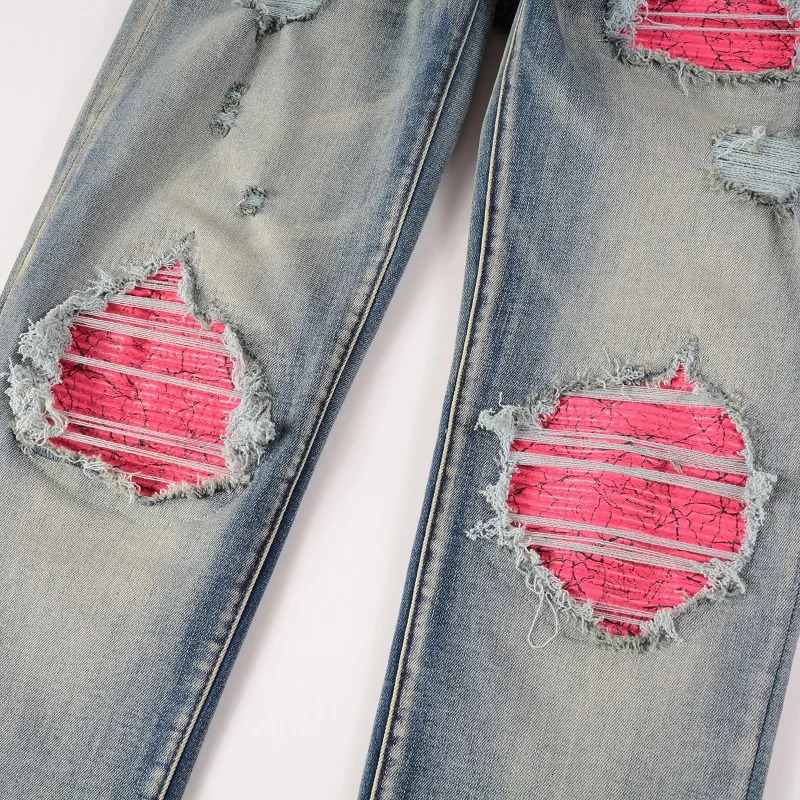 Mens cracked patch bicycle jeans streetwear pleated patches workwear stretch denim pants holes tears tight adhesive tape 240807