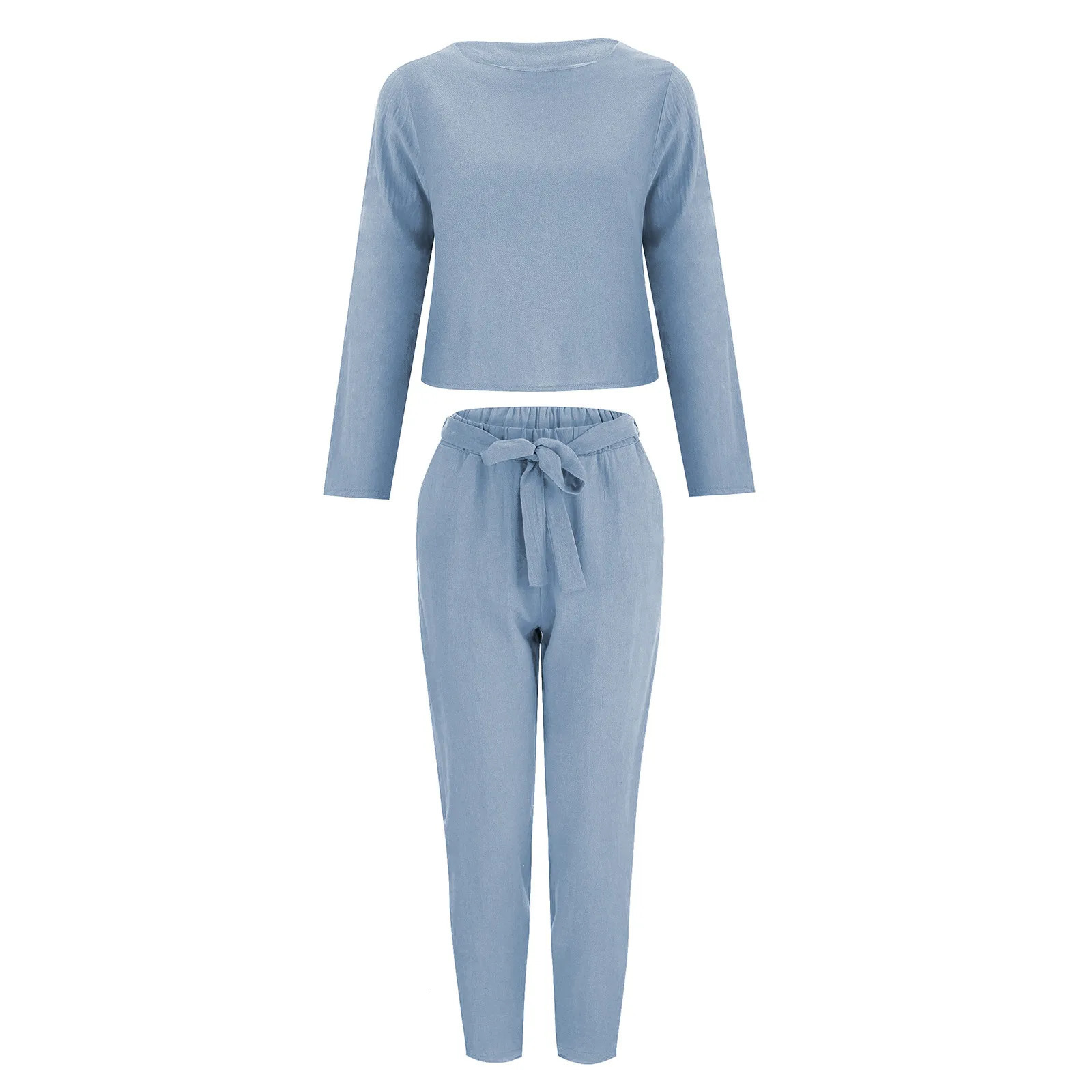 Womens Comfortable Loose Cotton Linen Suit Casual Vintage Solid Color Top And Drawstring Wide Leg Long Pants Two Piece Set 240813