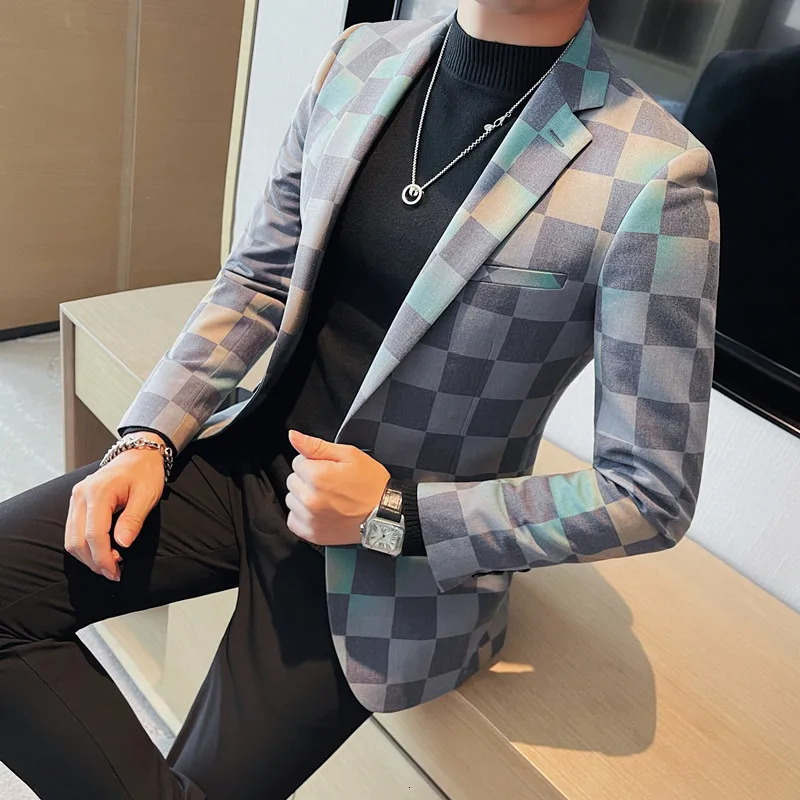 Autumn Mens Pioneer Classic British Checkered Single Chest Set Work Party Gentleman Business Leisure Tailcoat 240812