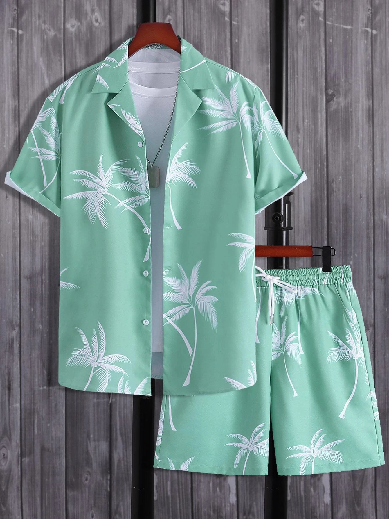Mens and Womens Summer Short Sleeve Set Beach Palm Tree Printed Fashion Button Top Short Sleeve240807
