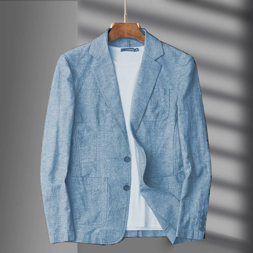 Navy Blue Linen Blazer Men Summer Casual Suit Single Jacket For Black Spring And Autumn Business 240807