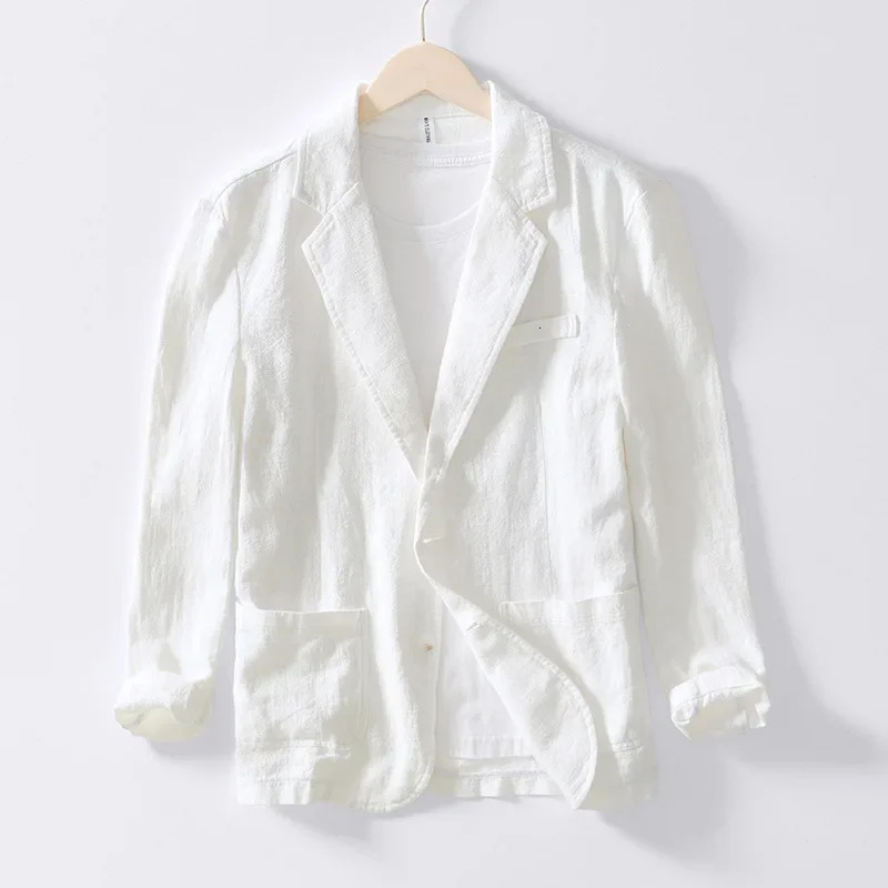 White blue black Spring Casual Linen and Cotton Safari Suits for Men Clothing Solid Color Blazers Jackets Oversize 240807