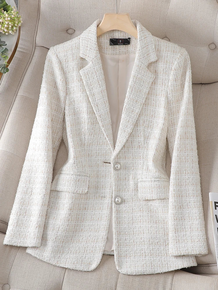 Long Sleeve Autumn Winter Women Blazer Ladies Pink Beige Plaid Female Casual Jacket Coat 240808