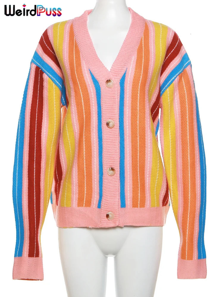 Weird Puss Colorful Striped Women Cardigan Sweater Winter Long Sleeve Single-Breasted Y2K Hipster Streetwear Wild Loose Coat 240808CJ