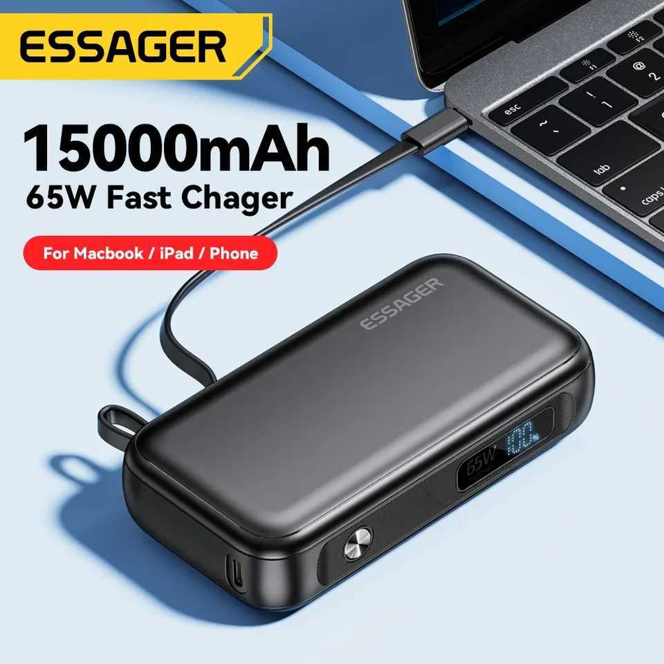 Essager Power Bank Portable 15000mAh in With USB C Cable External Spare Battery Pack for iPhone iPad Macbook 65W Fast ChargerCL240808