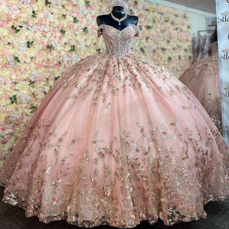 Pink Quinceanera Dresses Gold Applique Beading Sequin With Detachable Tail Graduation Party Princess Sweet 15 Dress
