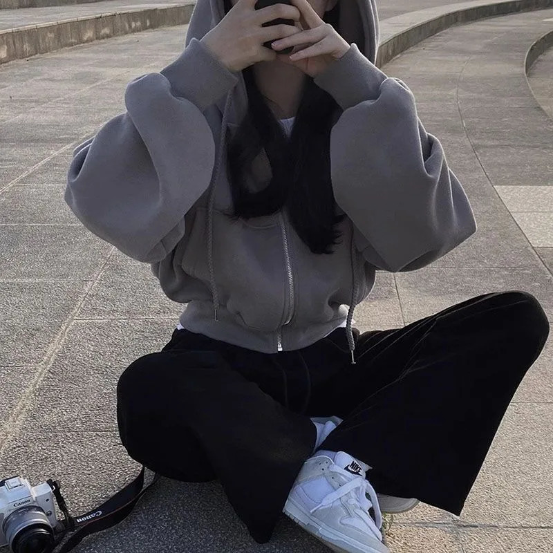Retro Casual Basic Hoodies Women Solid Pockets Long Sleeve Hoodie Zip Up Autumn Fashion Sweatshirts Oversized Chic Streetwear 240824