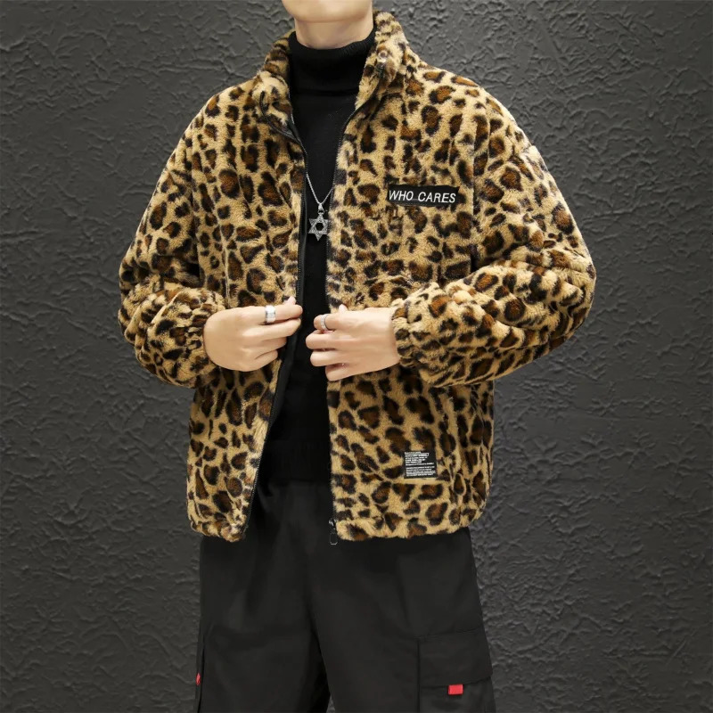 autumn and winter leopard print jacket fashionable zipper hooded casual loose cotton windproof for men women 240812