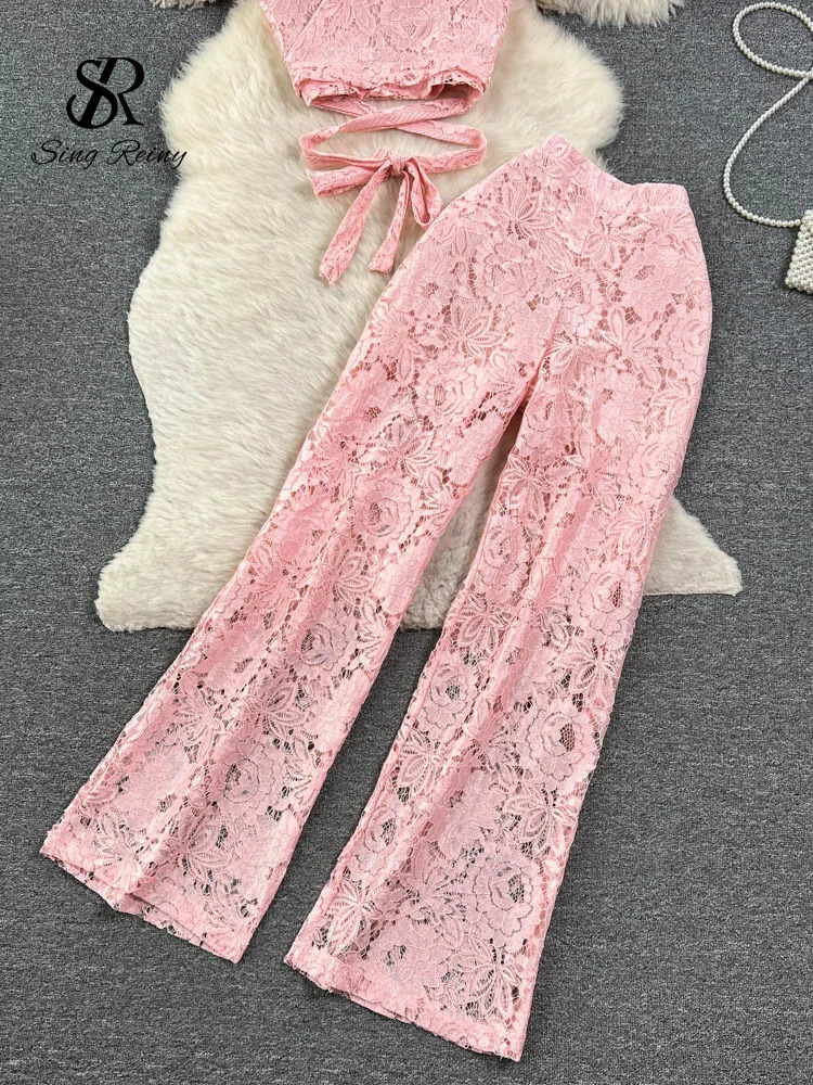 SINGREINY High Street Women Lace Slim Two Pieces Suits Summer Lace Up Short TopWide Legs Long Pants Set Retro Lace Floral Sets 240813