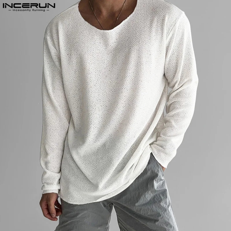 Mens casual T-shirt O-neck long sleeved solid color breathable mens clothing street clothing 2024 fashionable mens shirt S-5XL INCERUN240807