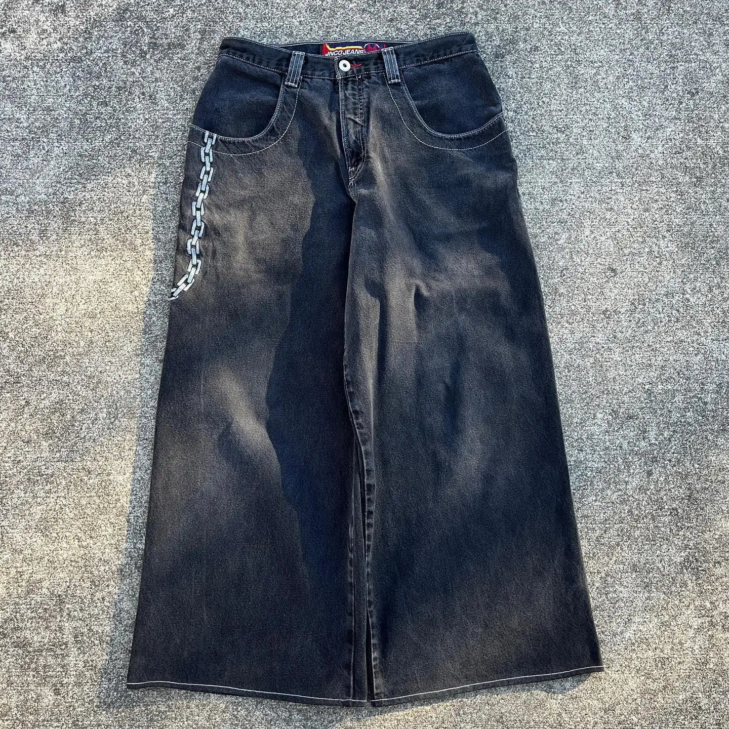 JNCO Chain Embroidery Y2K Vintage Men Jeans Fashion Washed Casual Wide Leg Denim Pants Hip Hop Punk Baggy Trousers Streetwear 240809