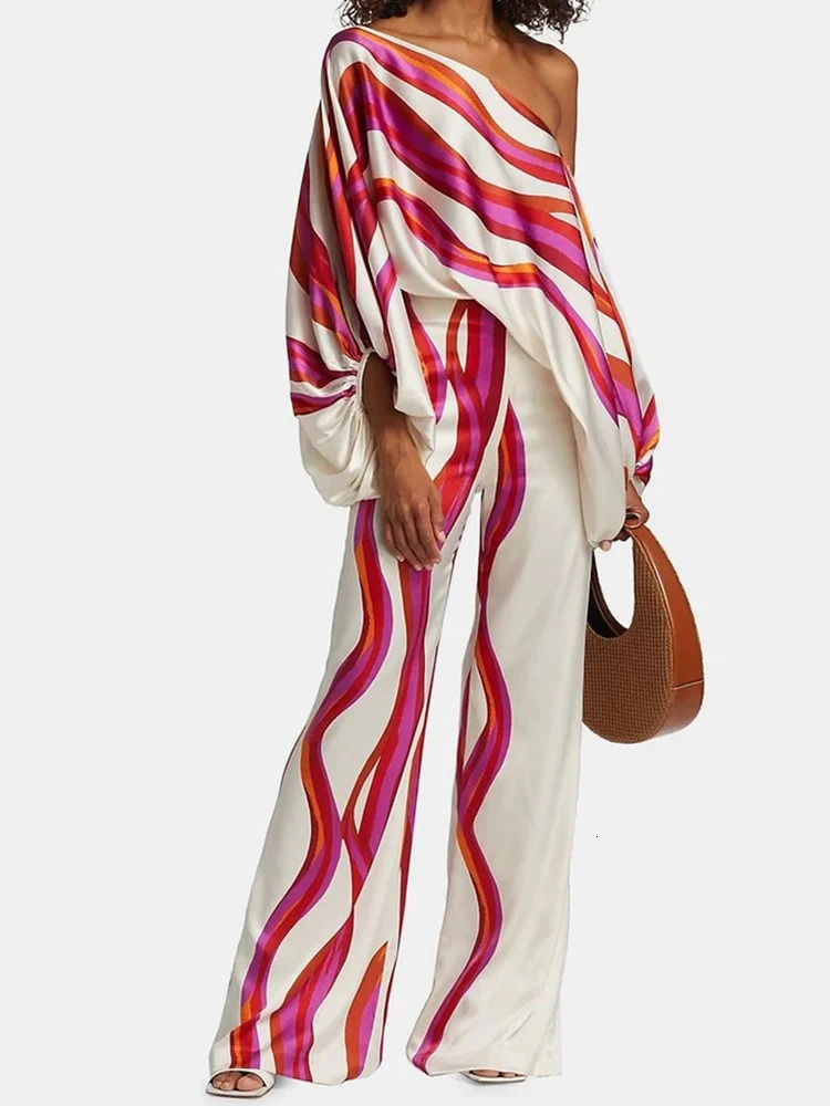 Straight Wide Leg Pants Women Print Two Piece Set Casual Summer Female Loose Pants Outfits Streetwear Long Pants Matching Suit 240813