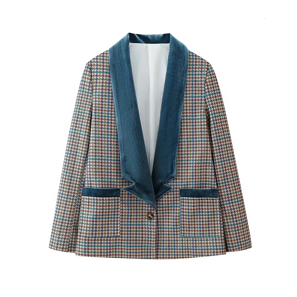 Aoaiiys Plaid Blazer for Women Coats Chic Patchwork Velour Elegant Basic Single Button Jackets Fashion Causal Outerwear 240808