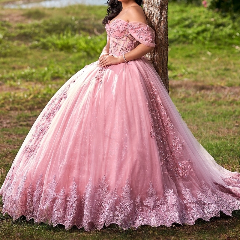 Pink Quinceanera Ball Gown Off The Shoulder Applique Lace Beads Crystal Tull 2024 Sweep 16 Dress Vestidos 15 De Xv Anos