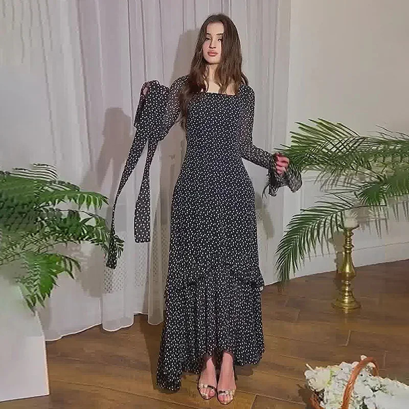 Eid Muslim Party Dress Women Polka Dot Ramadan Chiffon Long Dress Belt Morocco Kaftan Vestidos Largos Dubai Robe Jalabiya 240808