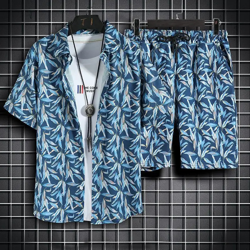 Mens beach clothing 2-piece quick drying Hawaiian shirt and shorts set mens fashion clothing printed casual summer clothing240807