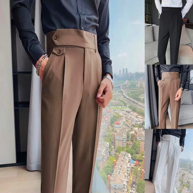 Oldyanup Men Naples Suit Pants Slim Fit Pencil Pant Spring Autumn High Waisted Button Fashion Business Casual Trousers Male 240807