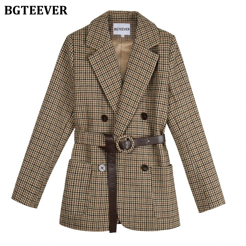 BGTEEVER Vintage Houndstooth Winter Thick Women Jacket Blazer Sashes Plaid Female Suit Jacket with belt Long Sleeve blaser 240808