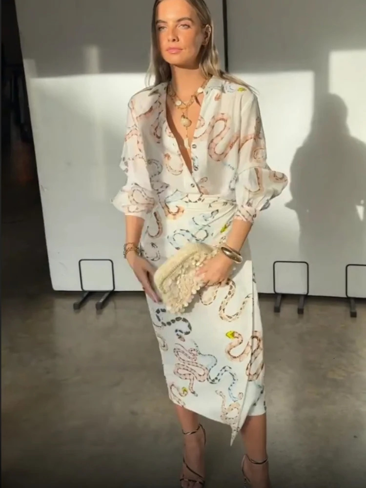 Print Shirt Skirt for Women Long Sleeved Dress Slit Skirt Womens Single Breasted Beach Two Piece Skirt Sets Womens Outifits 240808