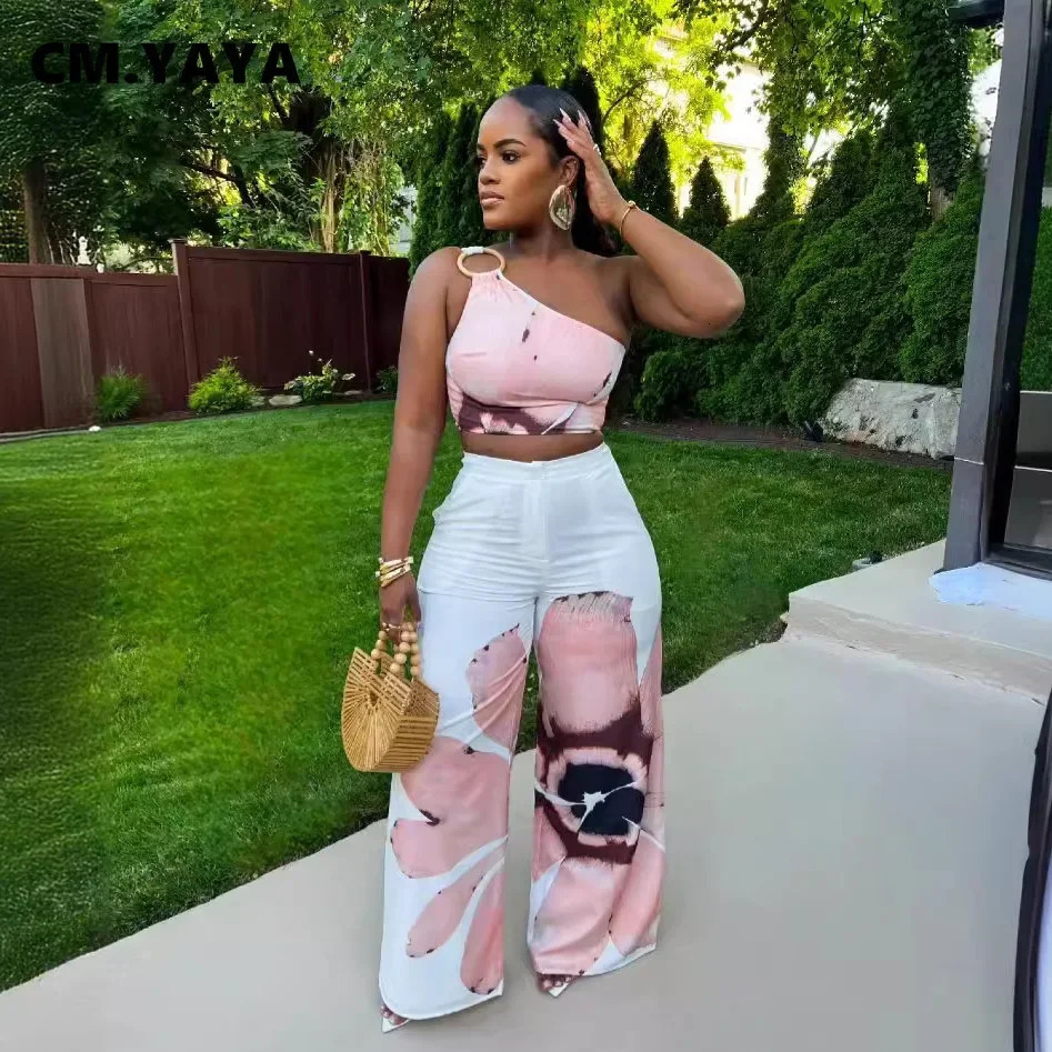CM.YAYA Women Set Floral Print Sleeveless Skew Collar Tops Wide Leg Pants Two 2 Piece Set Outfit 2024 Summer Street Tracksuit 240813