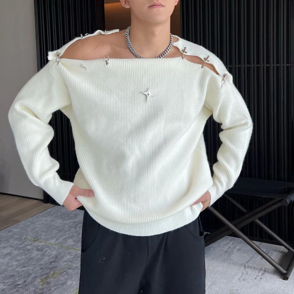 Mens Autumn Winter Metal Shoulder Buckle Y2k Off-Shoulder Knitted Sweater Essential Hollow Lazy Style Loose Sweater For Men 240808