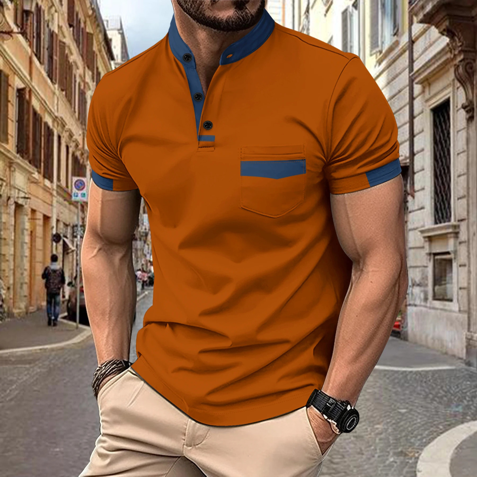 European and American mens polo shirt travel casual short sleeved stand up collar color matching 240828