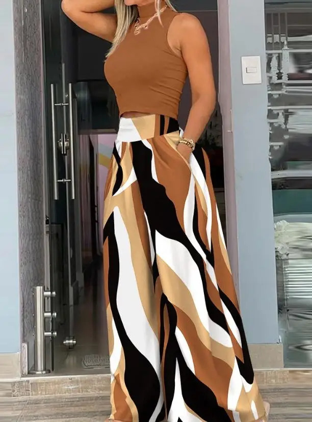 Two Piece Sets Women Outifits Summer Fashion Mock Neck Sleeveless Top Abstract Print High Waist Pocket Wide Leg Pants Set 240813