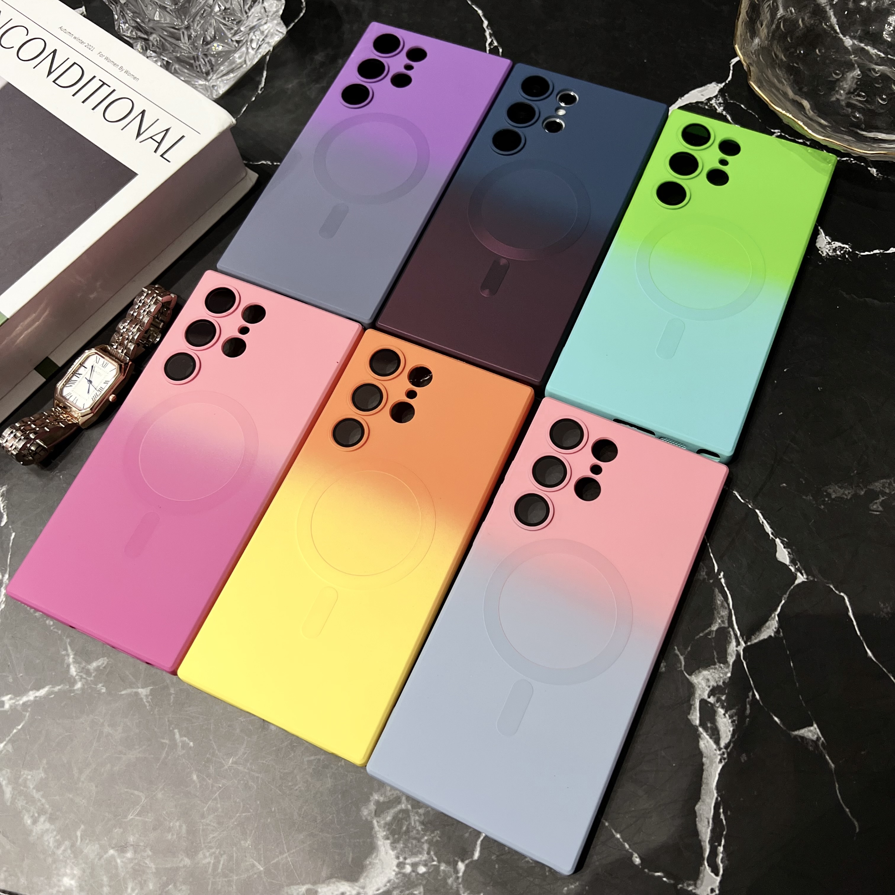 Luxury Magnetic For Magsafe Wireless Charging Soft TPU Cases Gradient Color Camera Glass Lens Protection For Samsung S20 S21 FE S22 Plus S23 S24 Ultra