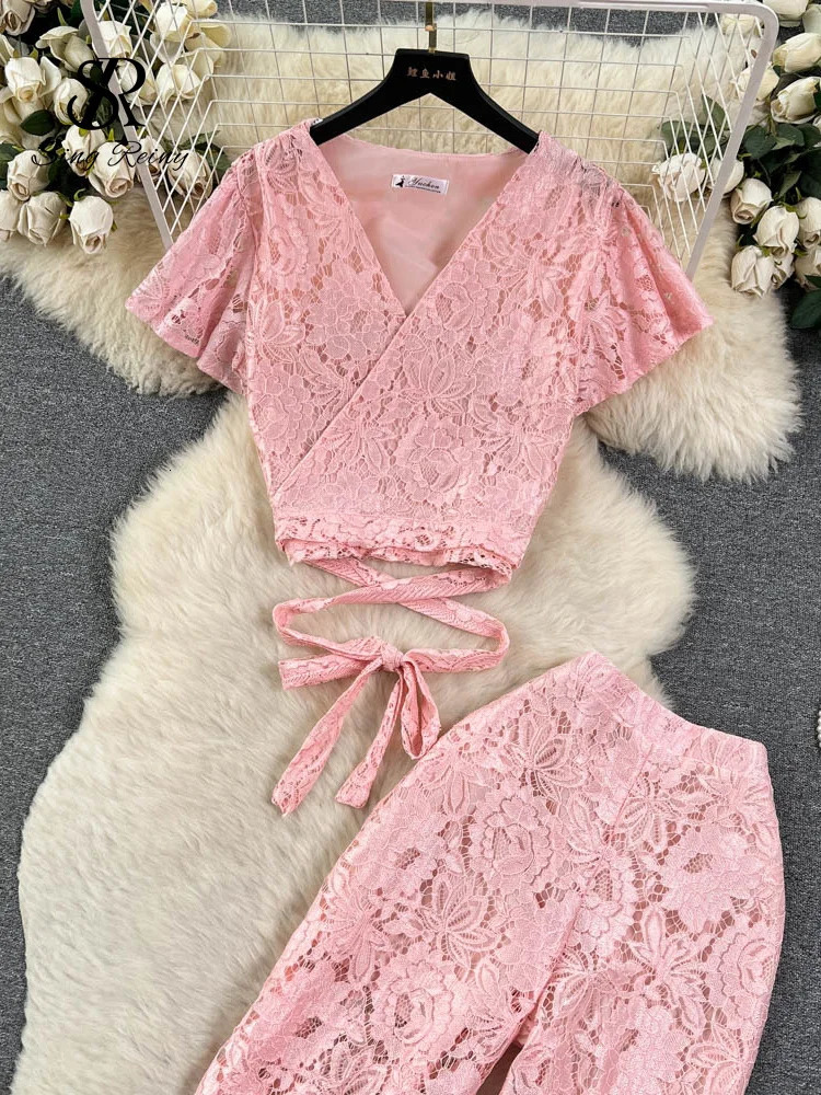 SINGREINY High Street Women Lace Slim Two Pieces Suits Summer Lace Up Short TopWide Legs Long Pants Set Retro Lace Floral Sets 240813