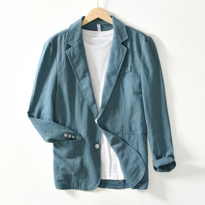 White blue black Spring Casual Linen and Cotton Safari Suits for Men Clothing Solid Color Blazers Jackets Oversize 240807
