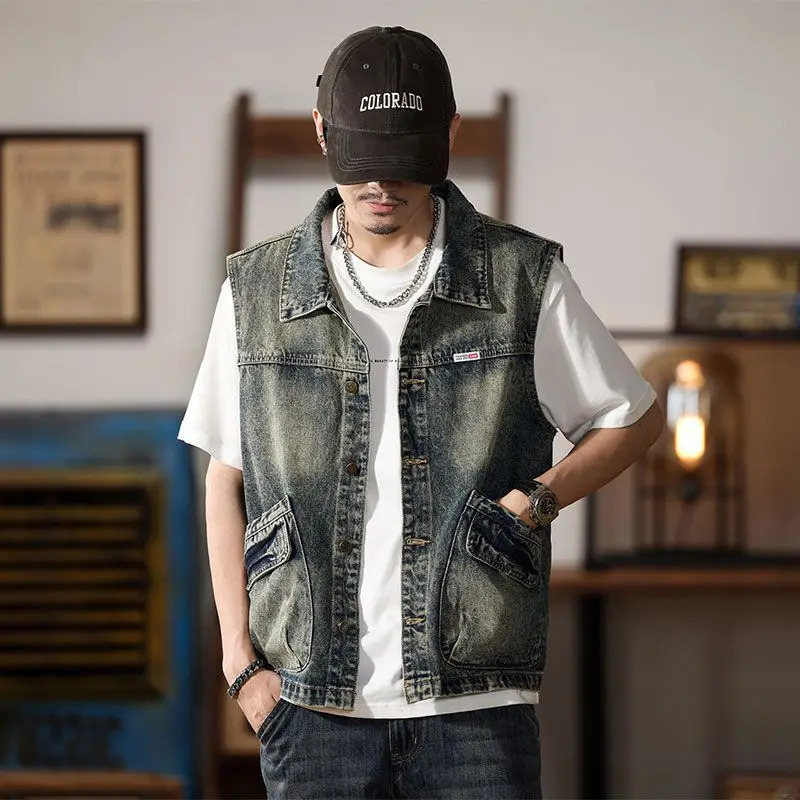 Mens summer high street retro motorcycle riding denim vest fashionable loose large pocket work jacket mens clothing 240807