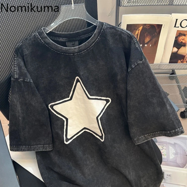 Retro T-shirt Womens Clothing Star Printed Short Sleeve O-neck T-shirt Oversized Top Y2k T-shirt Casual Fashion Harajuku T-shirt240807