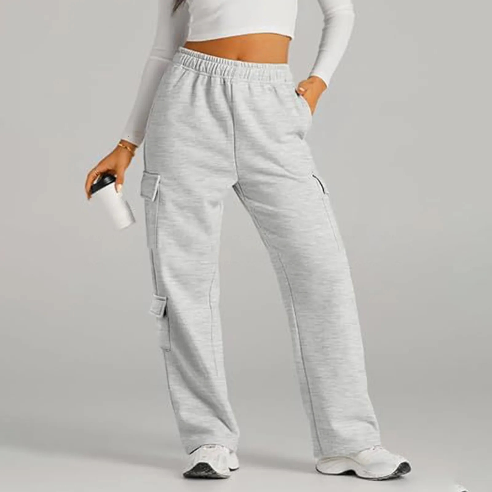 Womens Cargo Sweatpants Wide Leg Fleece Lined Pants For Women Fall Winter Baggy High Waisted Joggers Pant With Pockets Mujer 240807